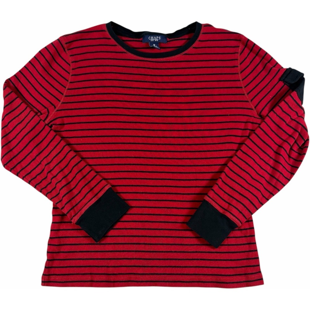 Chaps Womens Medium Red Black Striped Long Sleeve Crewneck Casual Knit Top